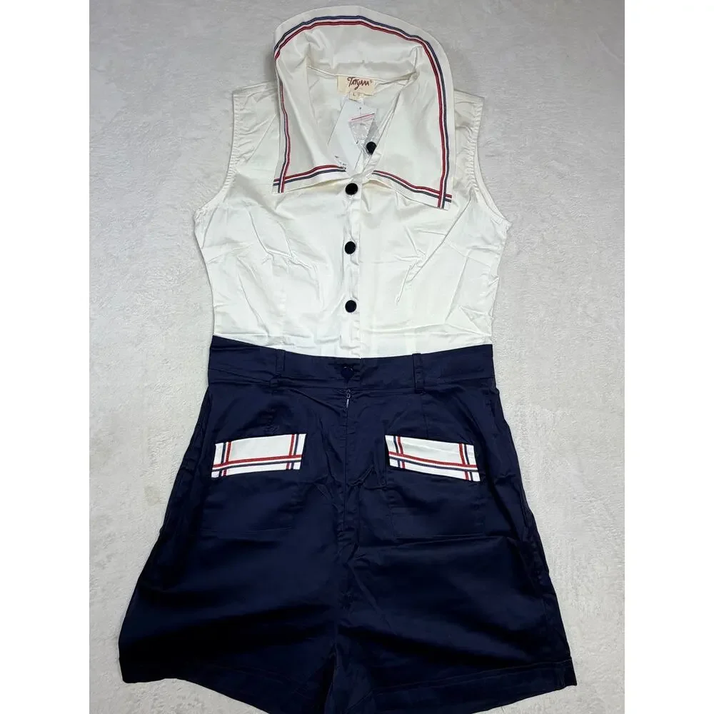 NWT Tatyana Bimmy Nautical Romper Navy White Sailor Collar Pinup Rockabilly L